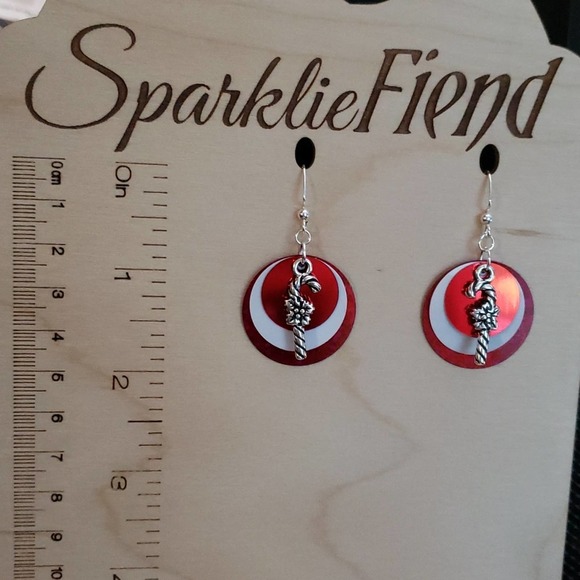 Red & white sequin and silver candy cane earrings - Picture 3 of 4